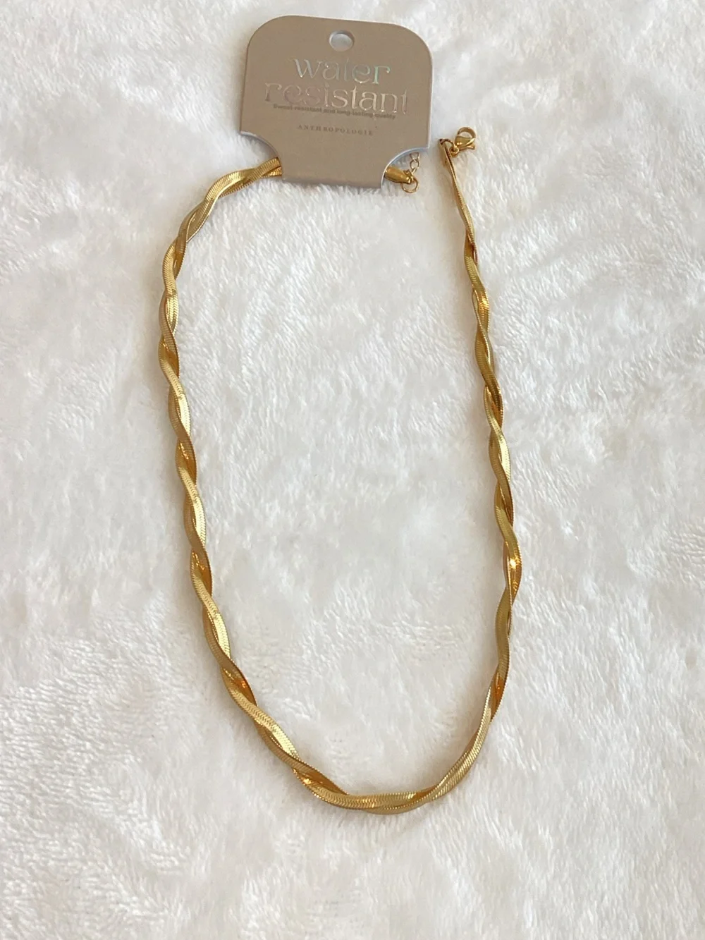 Anthropologie Water Resistant Chain Necklace Herringbone Rope New Gold Color 17”